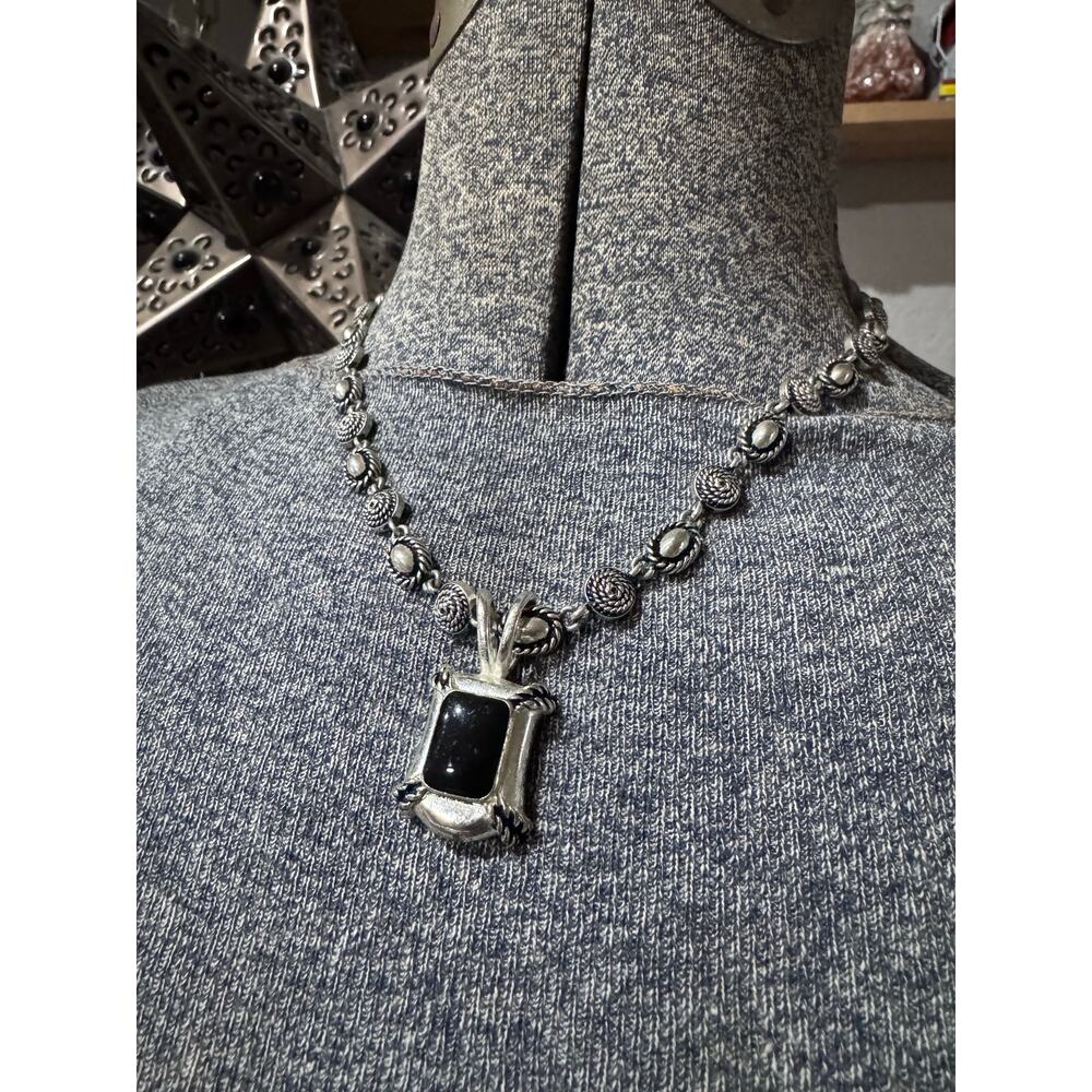 Vintage Avon Silver Tone Necklace with Black Accent Pendant | Ornate Boho Style